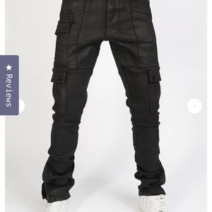 Copper Rivet JET BLACK WAXED STACKED CARGO JEANS Slim Fit Size 32x32